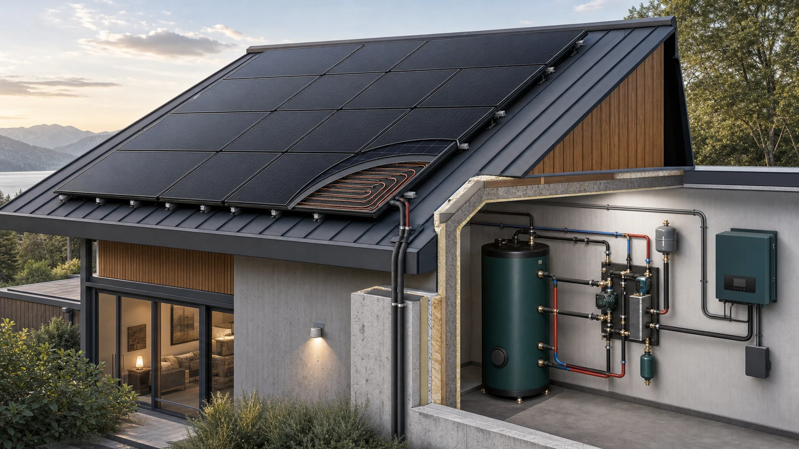 Architectural cutaway of roof-mounted PVT solar collectors connected to indoor heat storage and an inverter